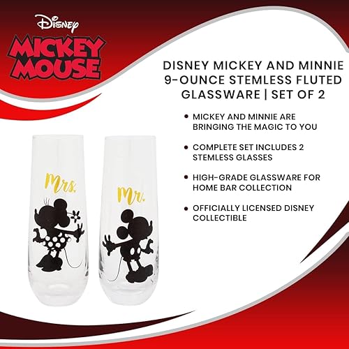 Miniatura 6 de Disney Mickey and Minnie - Juego de 2 vasos estriados sin tallo de 9 onzas | Tazas de copa de champán para vino, mimosas, cócteles | Artículos