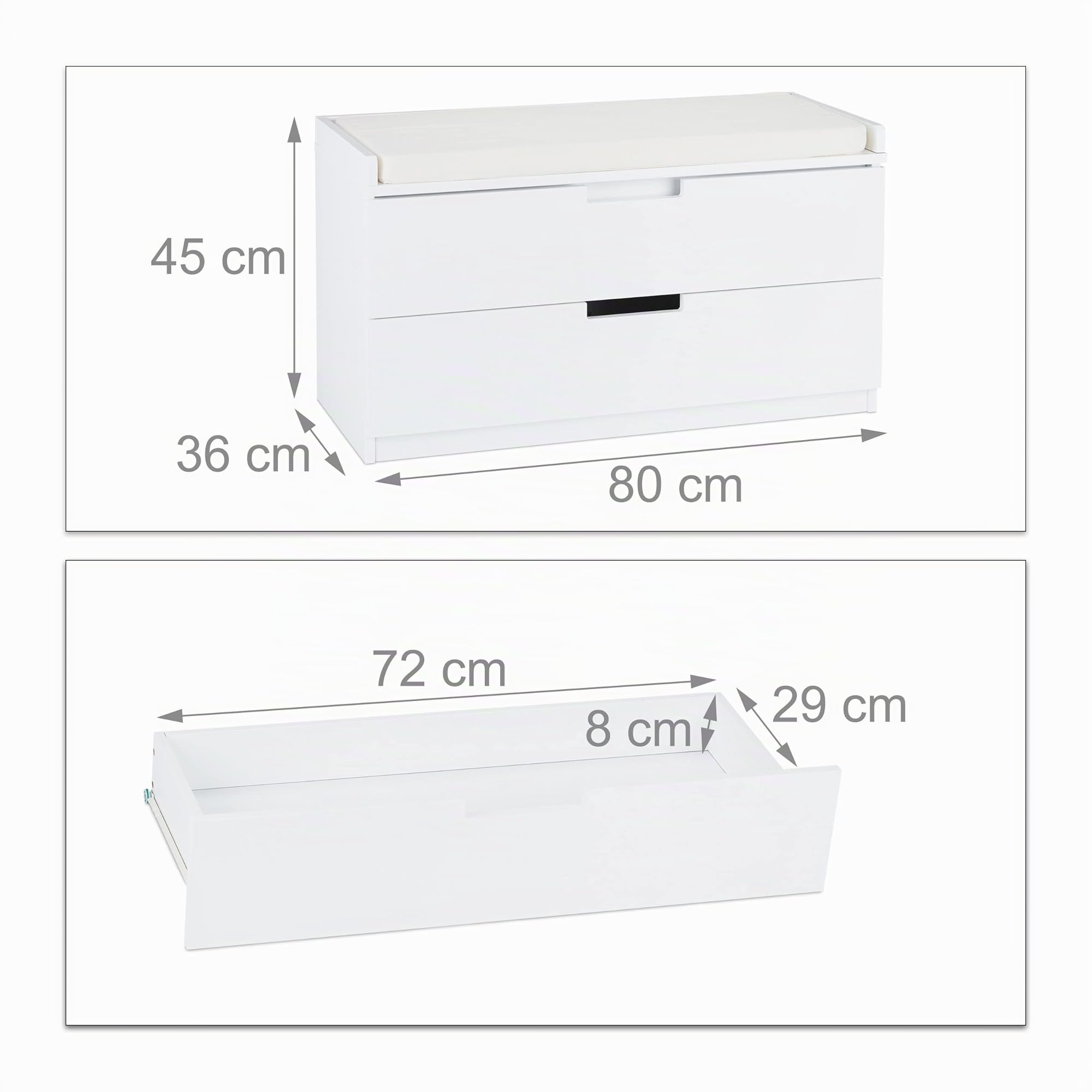 Relaxdays Mobiletto, Panca con 2 Cassetti, Stile Retrò, Imbottitura per Sedersi, HLP: 45 x 80 x 36 cm, Bianco