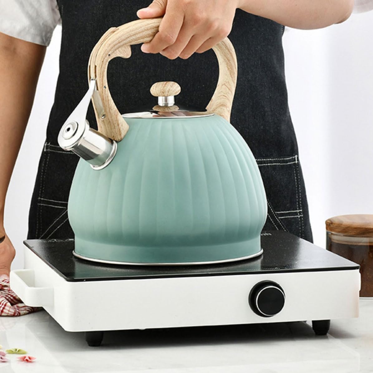 Bollitore per Tè in Acciaio Inox 3,5l Manico Effetto Legno a Forma di Zucca, Fischiante, Facile da Usare e Riempire, per Bevande Calde in Casa