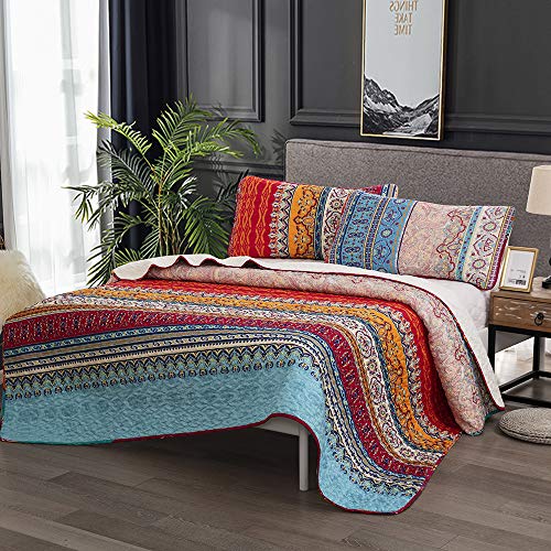 Bohemian Quilt Set King, Boho Striped Pattern Printed Bedding Quilt Coverlet Set, Lightweight Microfiber Bedspread Set for All Seasons (3 Pieces, Colorful) - Thumbnail 2