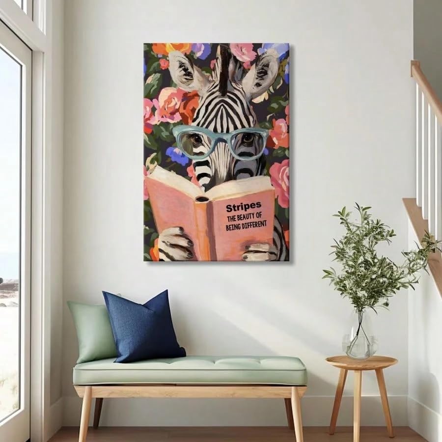 1 lienzo decorativo para pared, lámina con diseño de libro leyendo, pósteres de arte literario con animales, pintura para decoración del hogar (70x90cm/con marco)