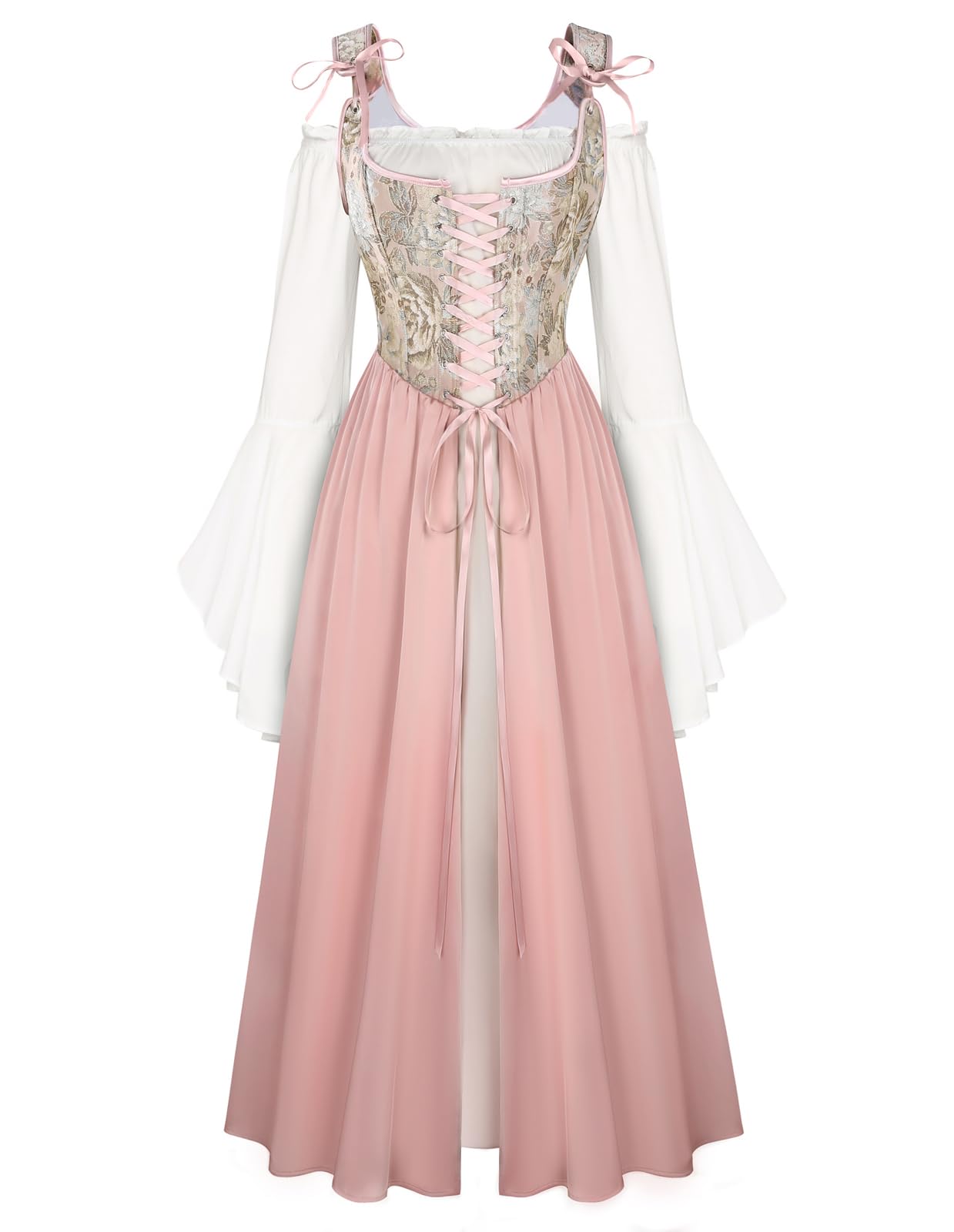 Scarlet Darkness Women Renaissance Costume Floral Lace Up Bell Sleeve Dress