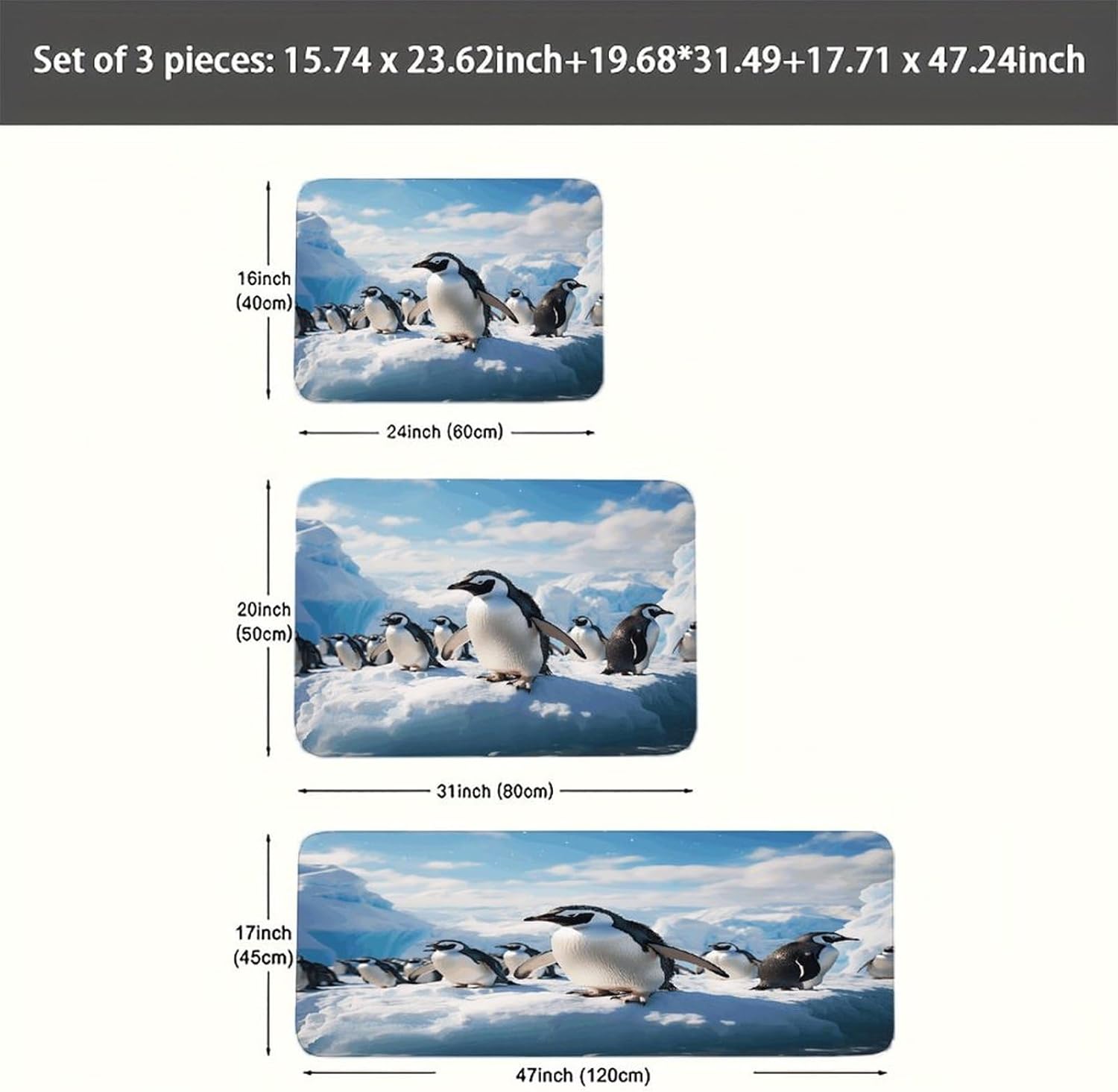 Penguins Kitchen Rugs Sets of 3 Non Slip Kitchen Mat for Floor Comfort Standing Rug and Mats Thick Cushioned Long Area Carpets for Laundry Room Entryway