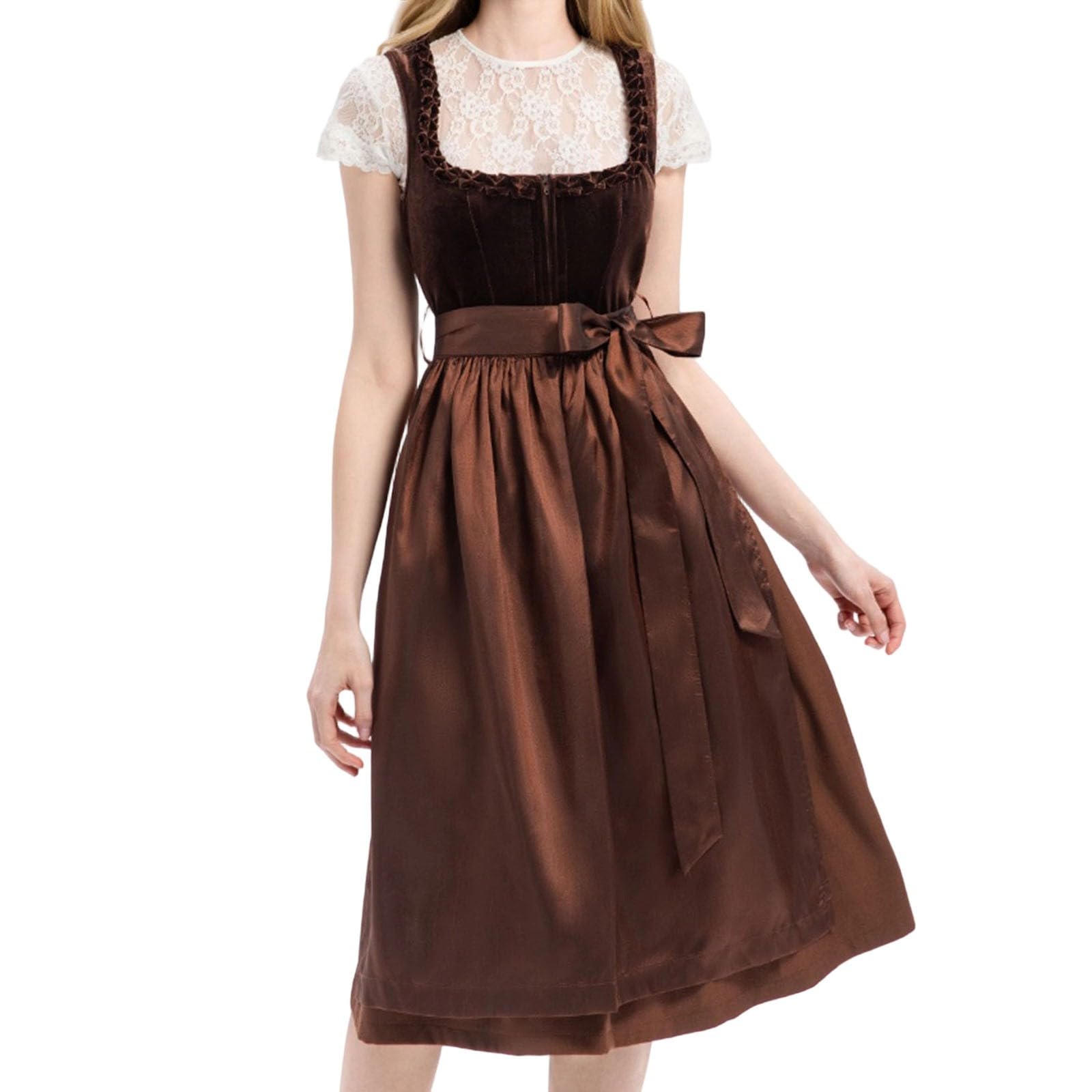 SKFLABOOF Dirndl Damen Lang Maxi Kleid Trachtenmode Reißverschluss Vorne Dress Women 'Dirndl Mit Schürze Elegant