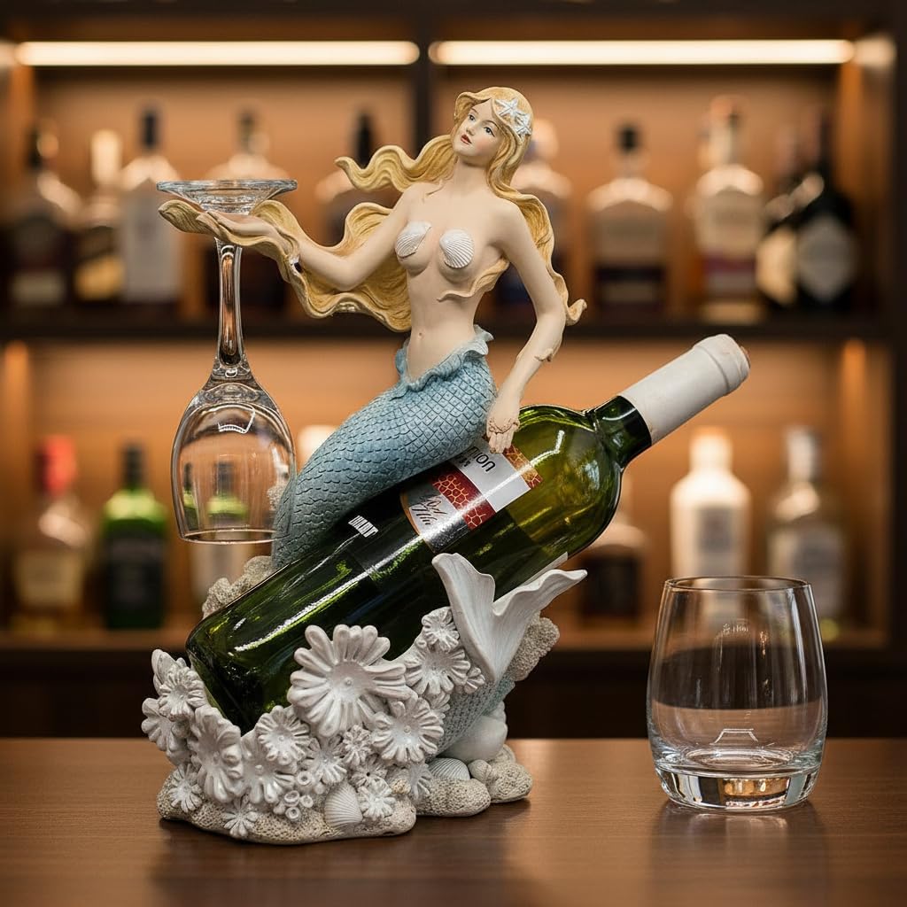 Comfy Hour 13" Mermaid Wine Bottle Holder, Decorative Nautical Sea Life Sculpture for Tabletop, Artisan Crafted Fantasy Lady Figurine with Wine Glass Hanger, Resin Desktop Ornament, Blue & White