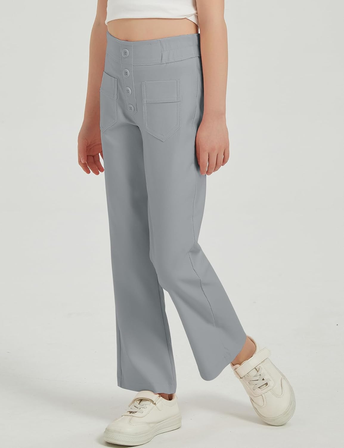 Flygo Girls Flare Yoga Pants Kids High Waisted Multiple Pockets Bell Bottoms Button Bootcut Stretchy Pants - Image 2