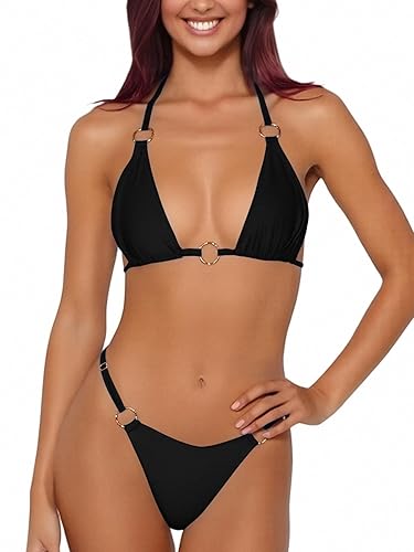 Women Bikini Set Two Piece Swimsuit Sexy Thong Bathing Suit Halter Triangle Tops Cheeky Bikini - Black - Large