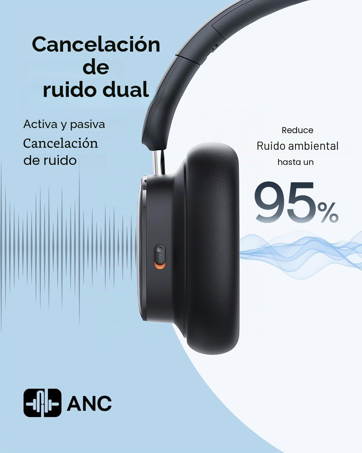 Baseus Auriculares con cancelación de ruido activo con batería de 100 horas, sonido LHDC Hi-Res, reduce el ruido hasta en un 95%, sonido espacial, micrófonos ENC, 0,038 s de baja latencia, auriculares