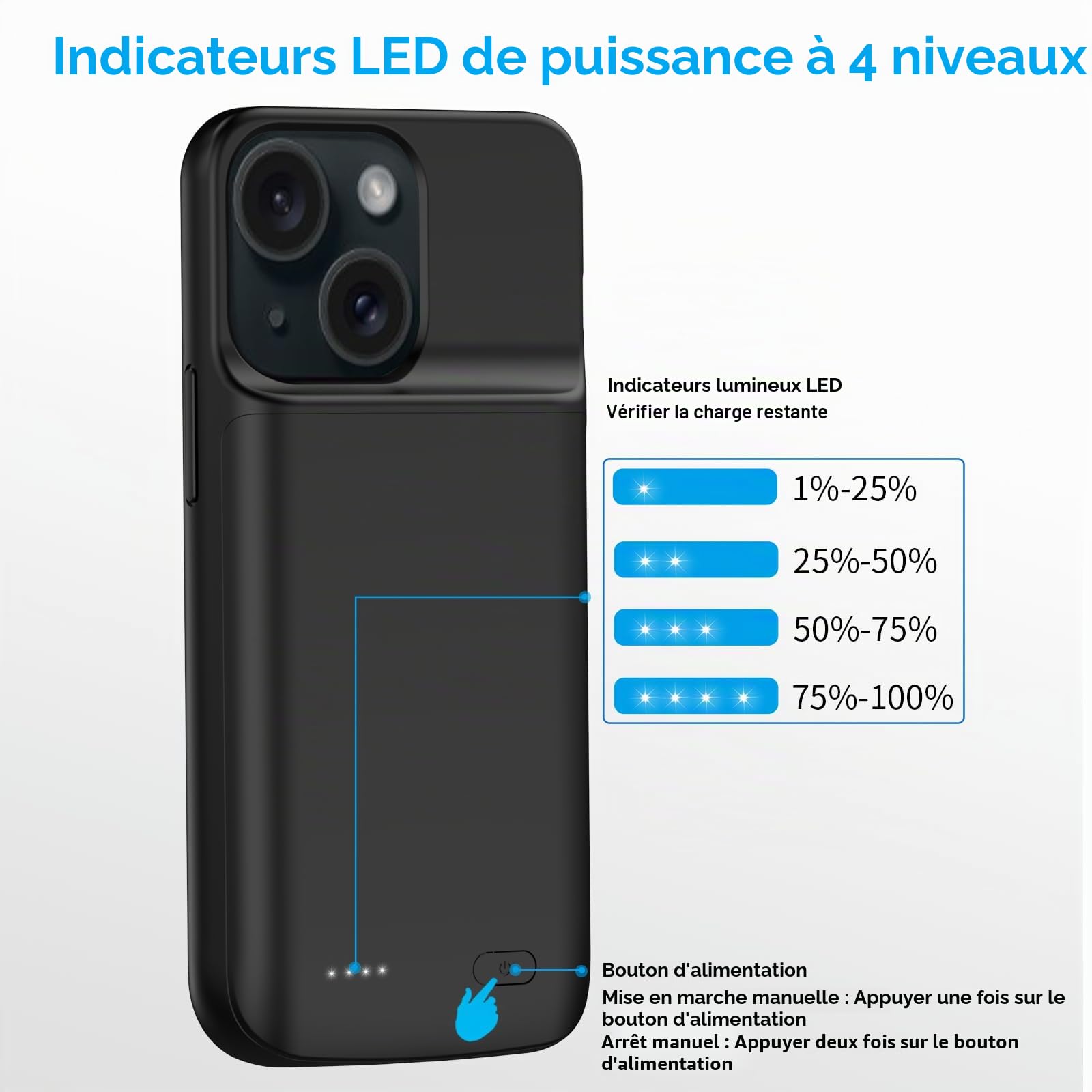 Coque de batterie pour iPhone 15, 7000 mAh, ultra fine, portable, coque de charge intelligente, compatible avec iPhone 15 (6,1"), chargeur de batterie étendu, noir