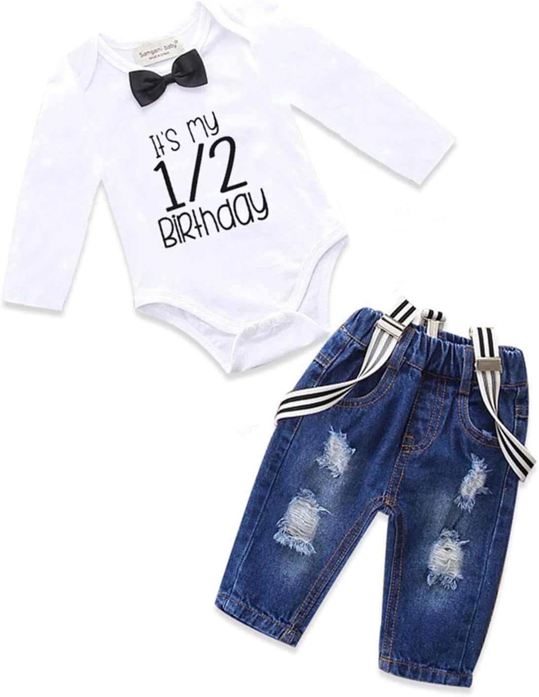 PinleckToddler Baby Boy Birthday Clothes Set Bowtie Romper Suspenders Ripped Denim Pants Outfits