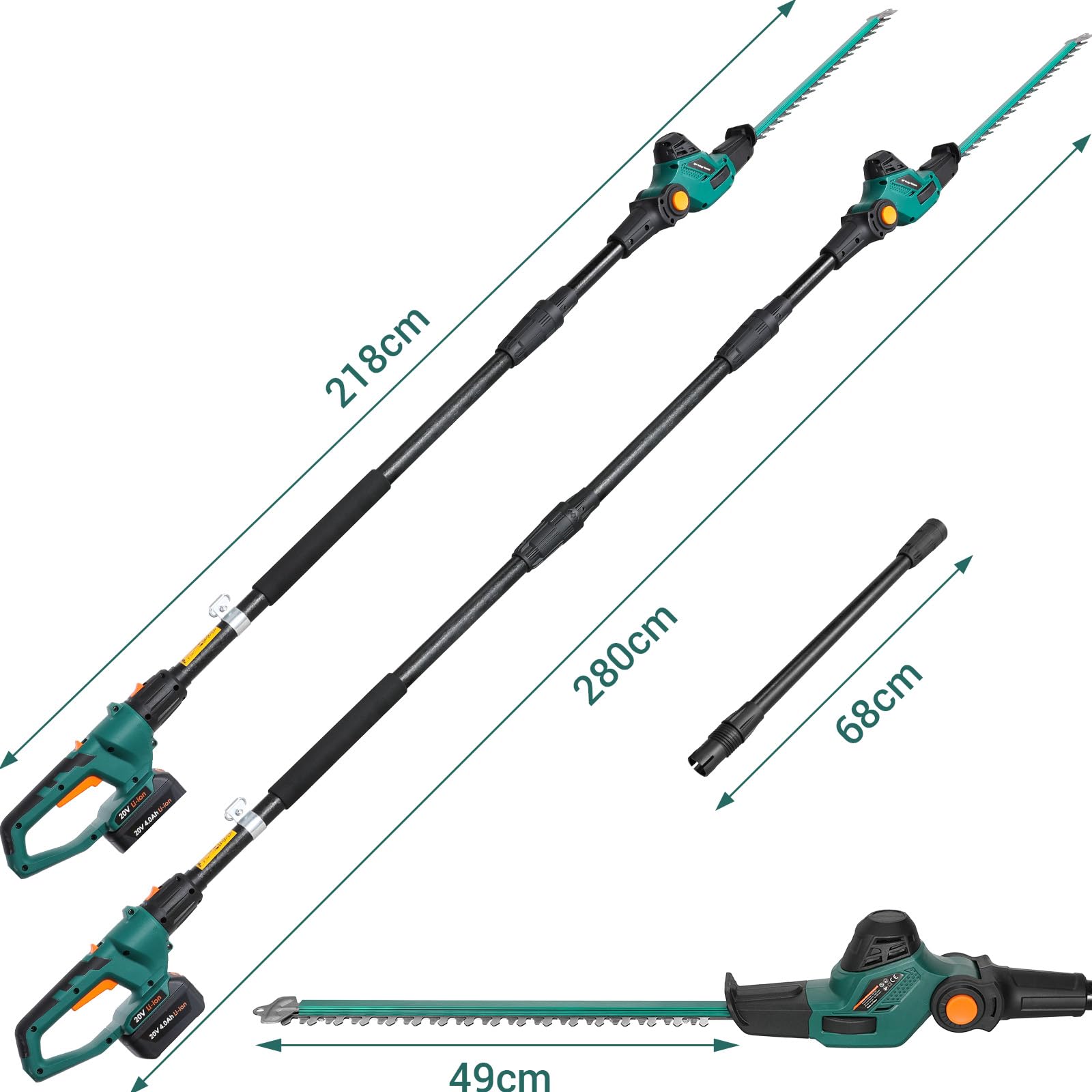 Taille-haie Télescopique sans Fil, Taille-Haies sur Perche Batterie Li-ION 20 V 4 Ah/Chargeur, Longueur de Lame 45 cm, Capacité: 15mm, Poignée Principale Orientable, Tête Inclinable, 4 m de Portée