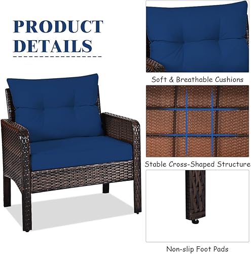 Miniatura 4 de RELAX4LIFE Juego de muebles de patio de 3 piezas, juego de conversación de mimbre de ratán PE para exteriores con mesa de centro de cristal y