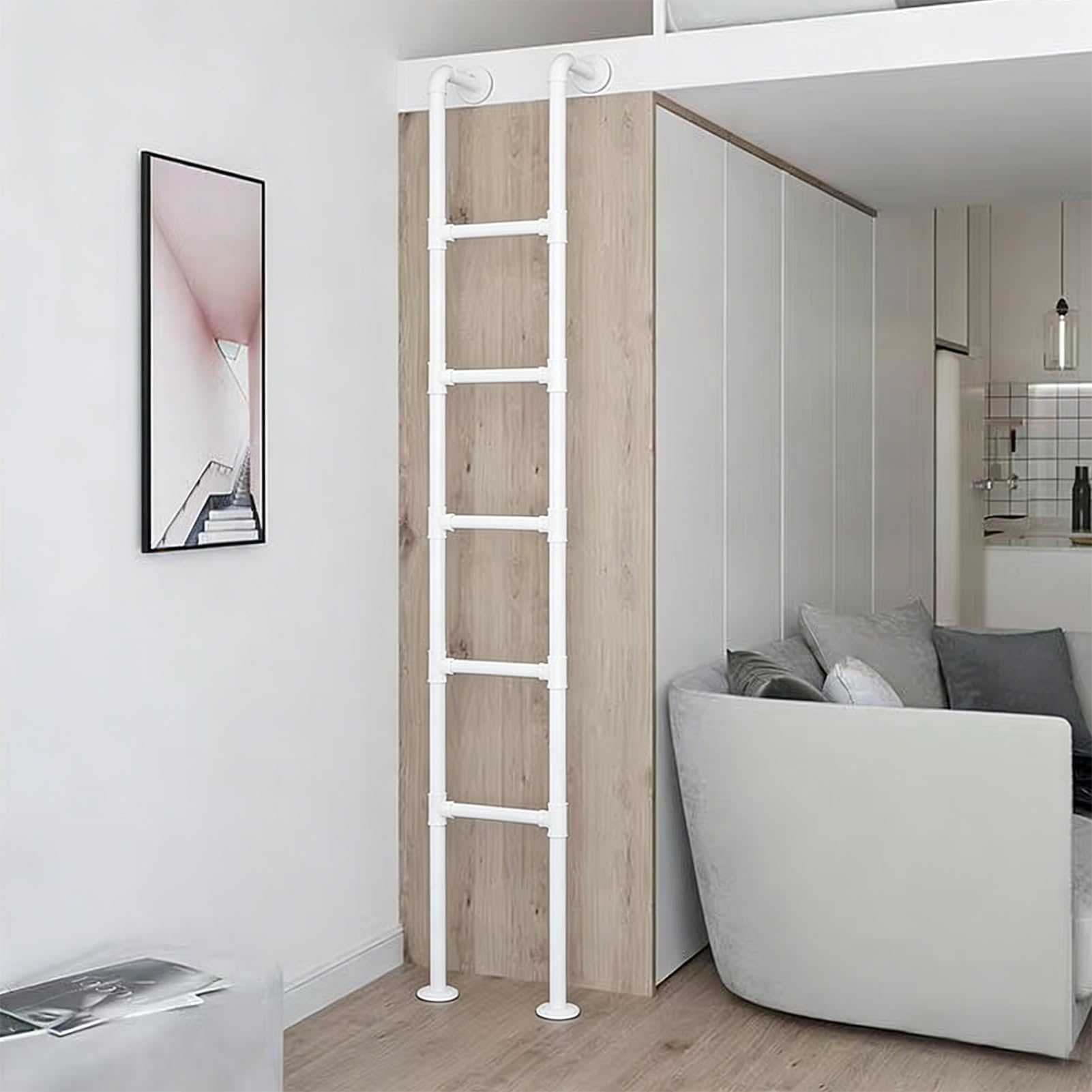 Scala di Uscita di Emergenza Resistente per Casa/Letto a Castello, Scala da Soppalco da Terra in Ferro battuto Bianco con Accessori di Montaggio, Dimensioni Personalizzabili(120cm/47in)