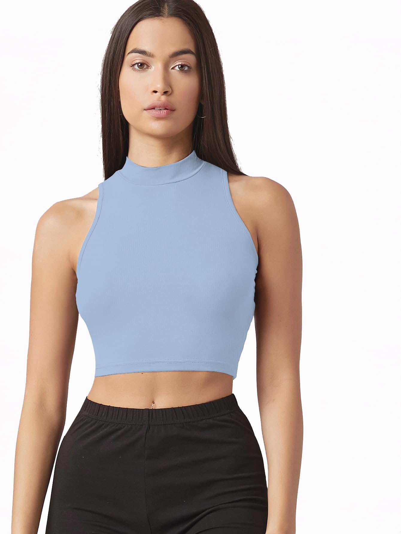 Sugathari Damski i dziewczęcy solidny prążkowany top z wysokim dekoltem, bez rękawów, crop top dla kobiet (Top 37)