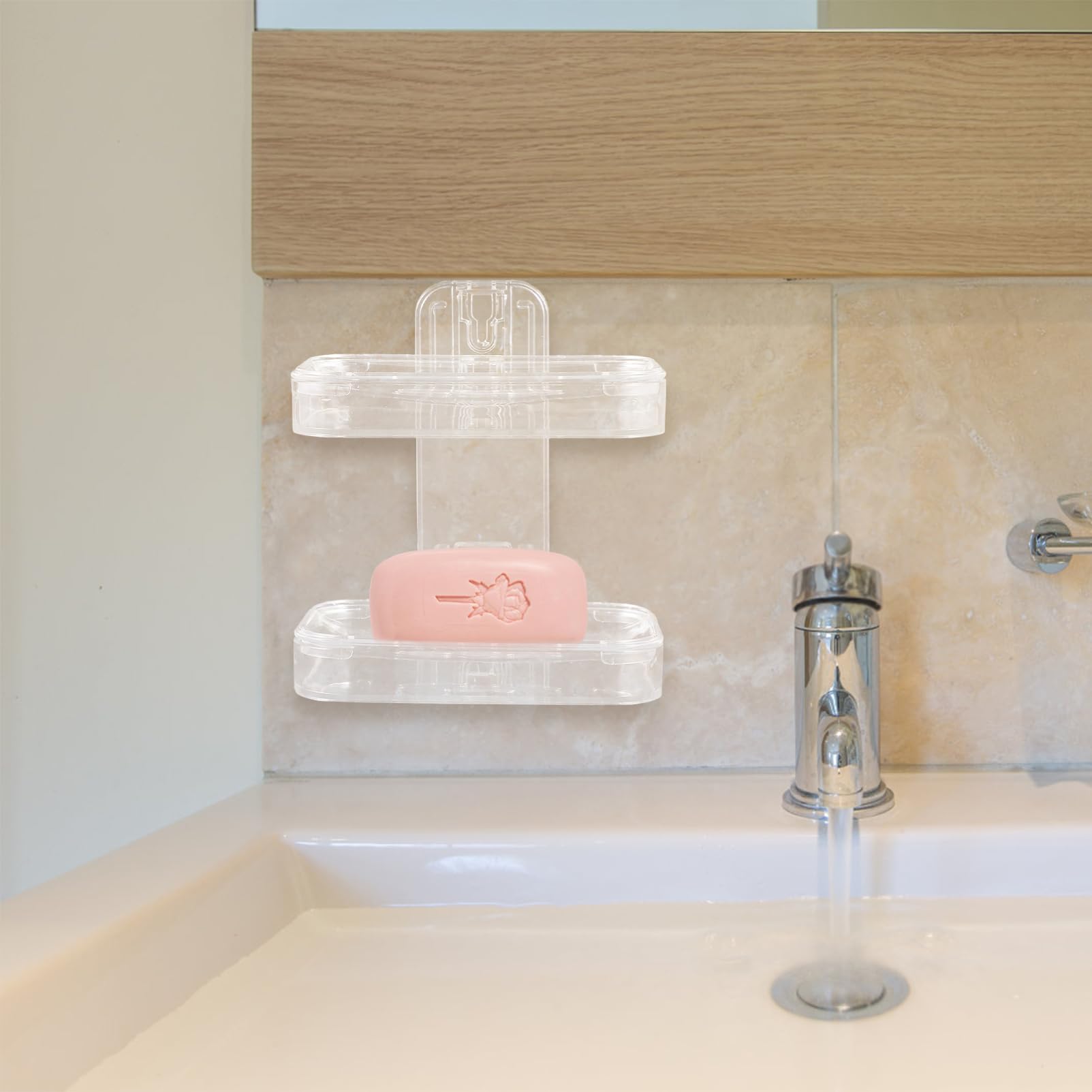 Gatuida 4piezas Soporte De Jabón Doble Montado Pared Jabonera Transparente Sin Perforación para Baño y Ducha Almacenamiento Drenaje