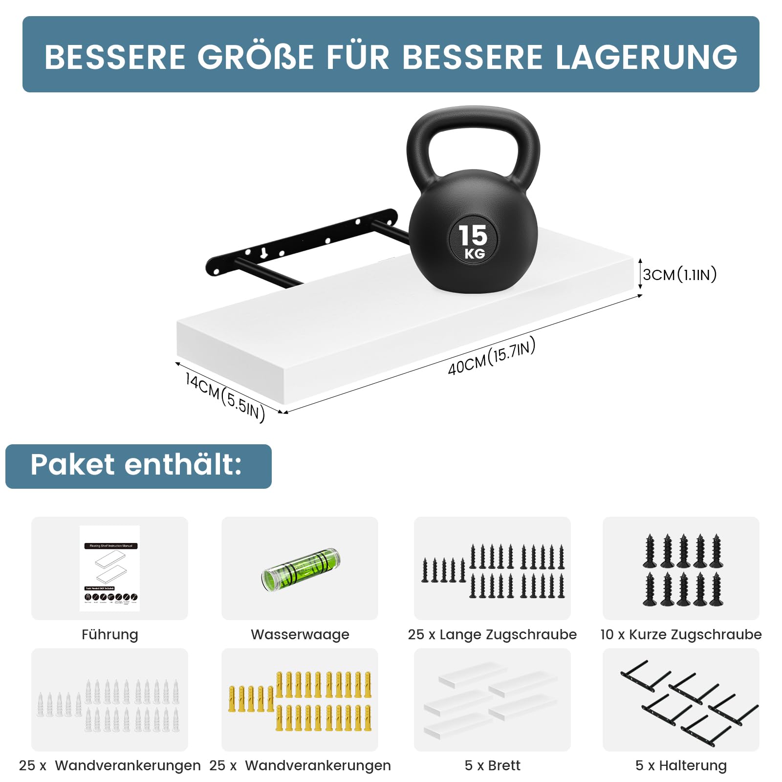Wandregal, Regale Weiß Wand 40cm, 5er-Set Schweberegal Weiss, Moderne dekorative Regalbrettmit sauber Verarbeitet für Schlafzimmer, Küche, Büro, Wohnzimmer usw