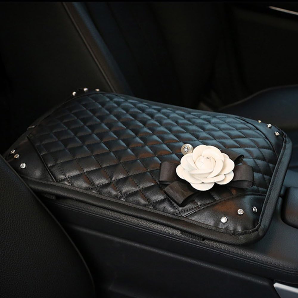 INEBIZLuxury Car Charm Beautiful Camellia Leather Center Console Armrest Soft Cover Pad