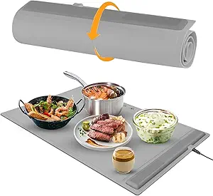 Electric Warming Tray, Full Surface Heating, Portable Food Warmer Rolling Silicone Mat, Food Warmer for Parties FeaturesFoldable Design & Fast Heating, Warming Plate for Buffet (White and Beige)