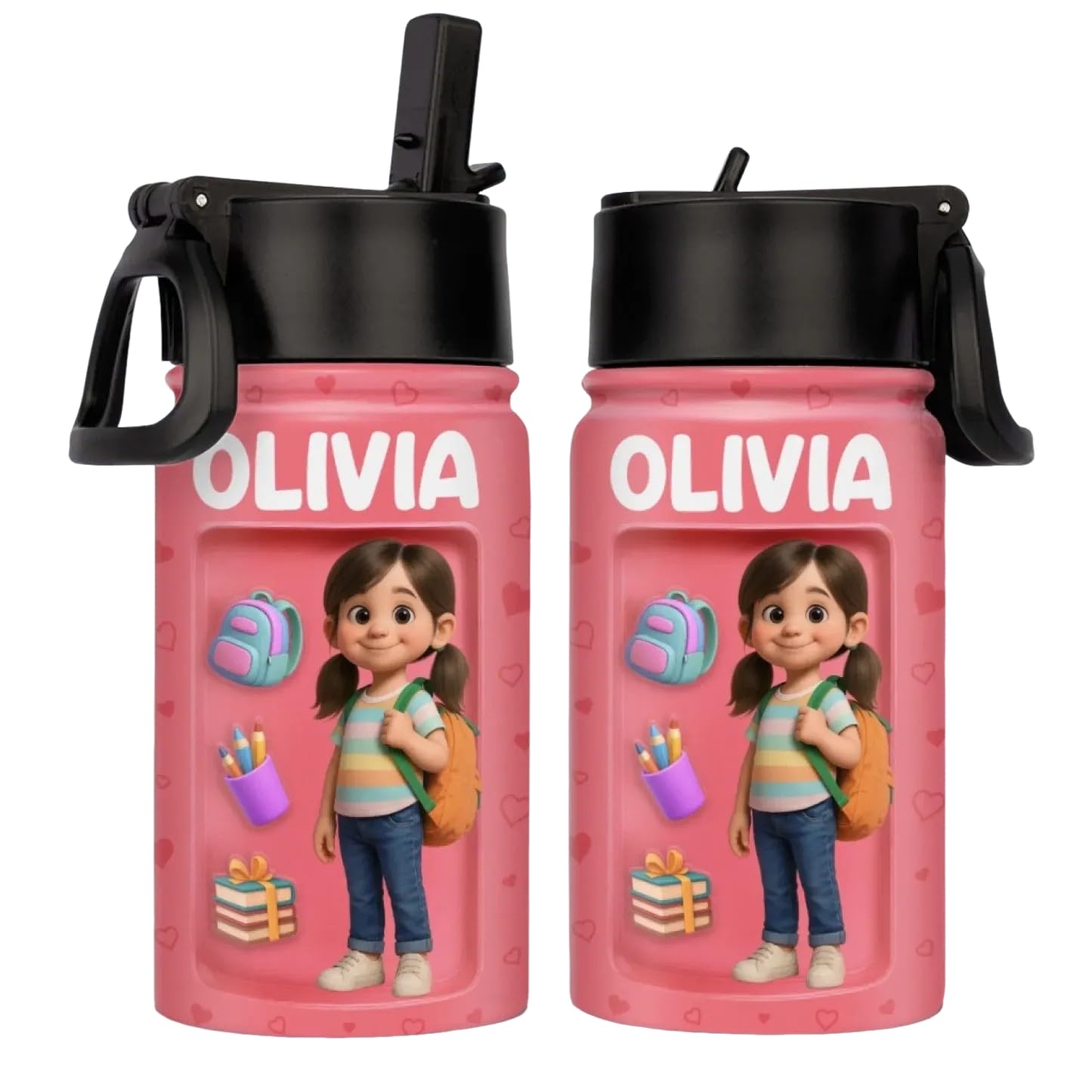 Custom Kids Water Bottle - 12/16/32 oz Personalized Water Bottle Insulated with 3D Inflated Effect Printed Photo - Customized Leak Proof Water Bottles