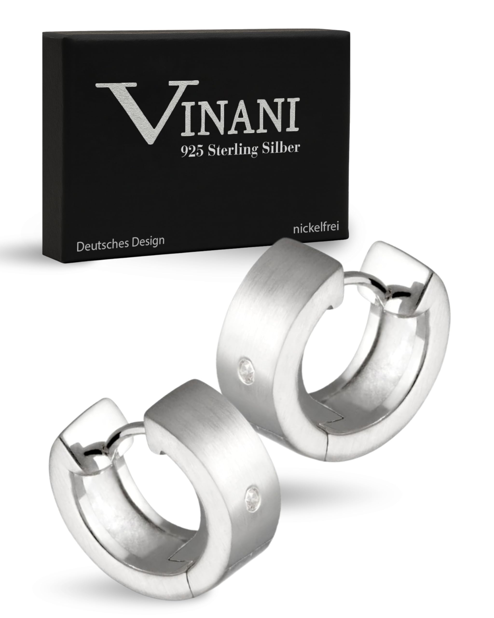 VINANI Klapp-Creolen aus 925 Sterling Silber I Nickelfreie Damen-Ohrringe mit Zirkonia I Mattierte Oberfläche mit Anlaufschutz I Allergikerfreundlich I Handarbeit in Juweliersqualität I CEM