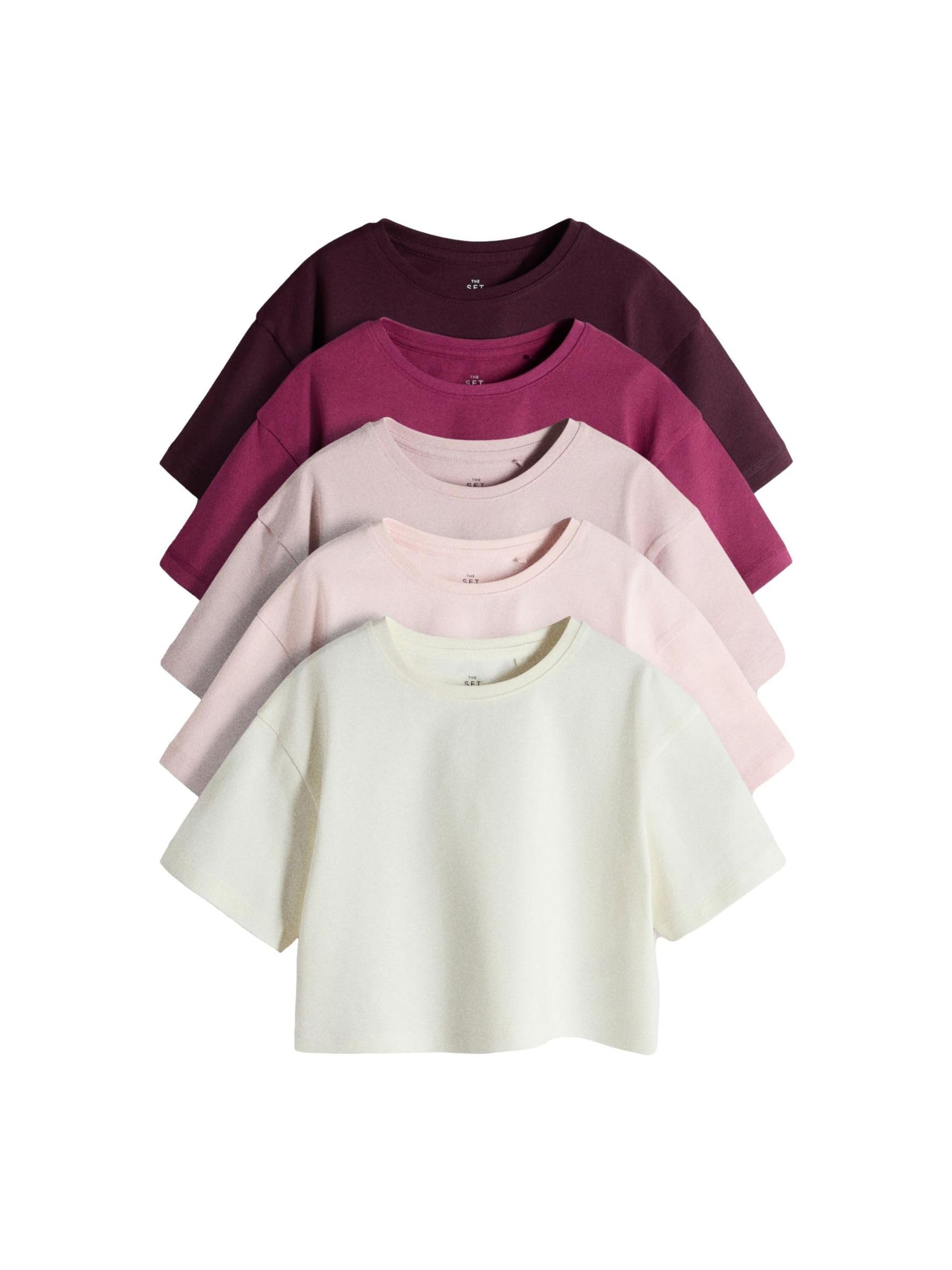 THE SET Fille T-Shirt Oversize Court, Lot de 5 | Coupe standard, 100 % coton