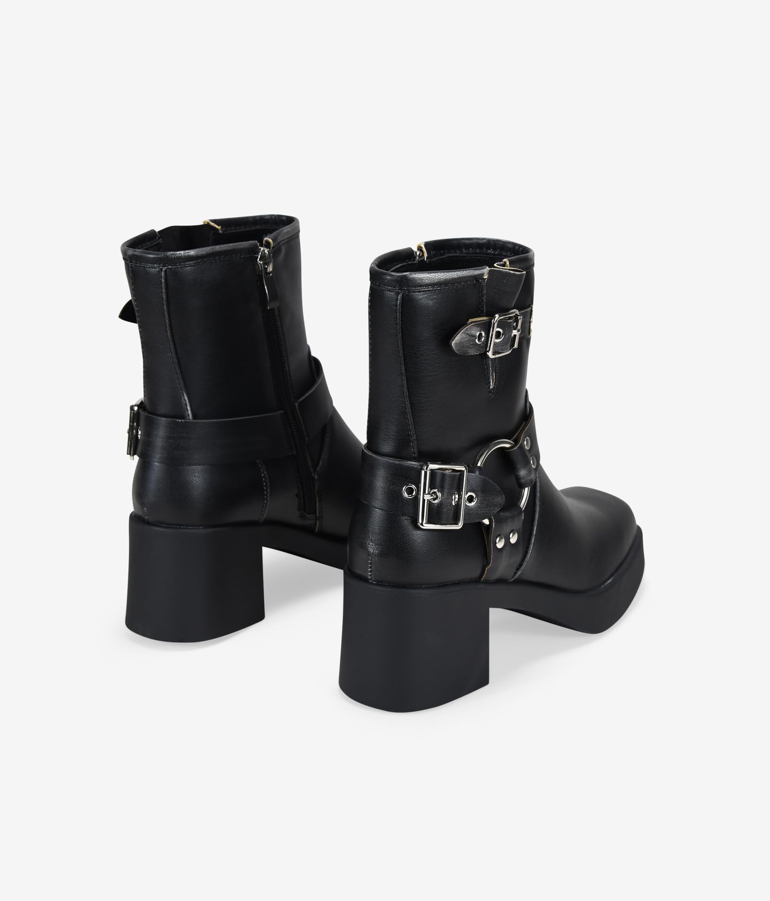 BOSANOVA Damen-Stiefel mit niedrigem Absatz, dekorative Metallschnallen, breiter Schaft, quadratischer Schaft, Plateau-Sohle, 5,5 cm breiter Absatz, ohne Verschluss