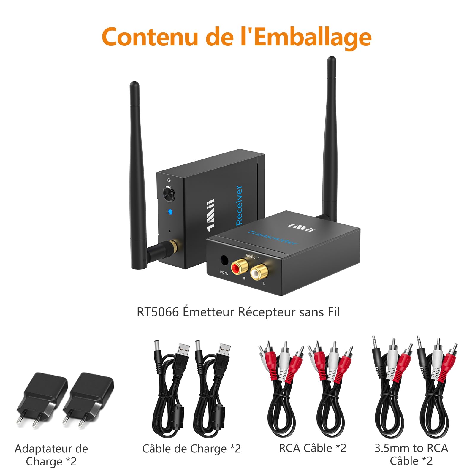 1Mii Émetteur Récepteur Audio sans Fil (1 TX+1 RX), Longue Portée 2,4GHz | Son HiFi Faible Latence, Connexion TV vers Haut-Parleurs Actifs/Chaîne Stéréo/Barre de Son, RCA 3.5mm AUX In/Out
