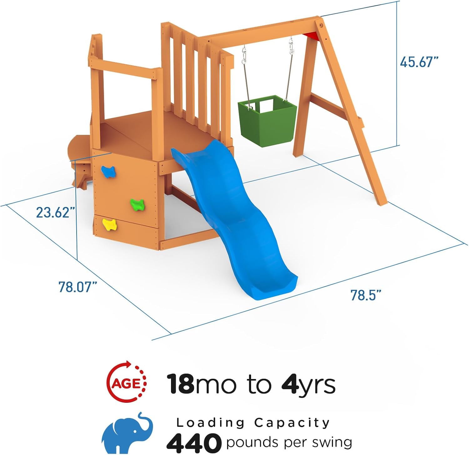 Dolphin Playground 5 in 1 Multifunction Toddler Swing Sets for Backyard, Outdoor Playset with Baby Swing, Outdoor Table, Blackboard, Slide, and Rock Climbing Wall,Toddler Swing Sets Ages 18mo to 4yrs