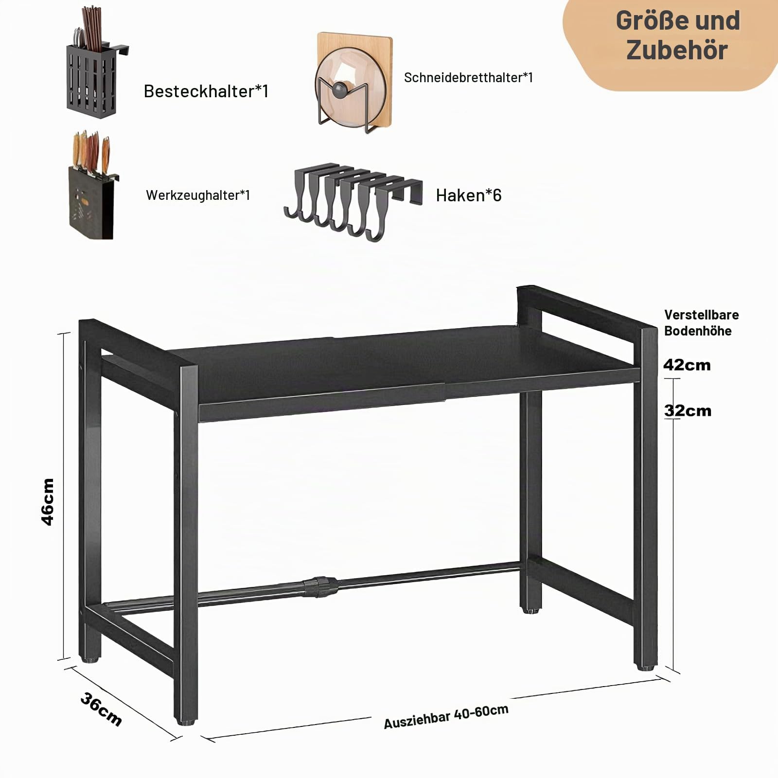 ViWaVee Erweiterbares Mikrowellen Regal 2 Stufig, Mikrowellenregal aus Kohlenstoffstahl, Küchenregal Stehend mit Stäbchenhalter und Schneidebretthalter, Ausziehbar von 40-60cm, Schwarz