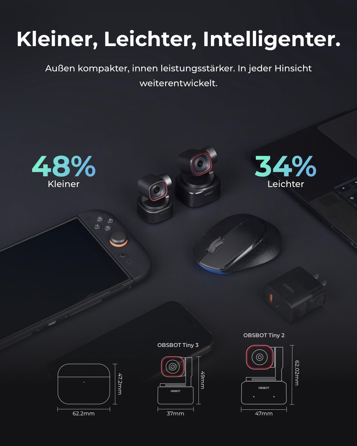 OBSBOT Tiny 3 KI-Webcam 4K mit Spatial Audio, AI Tracking PTZ Kamera, 1/1,28" Sensor, Tri-Mic, Sprach & Gestensteuerung, 120FPS, HDR, Web cam für PC, Laptop, Streaming & Meeting, Switch 2, etc.