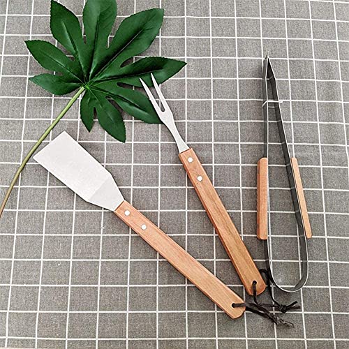 Mokshith 3 Piece Grill Set BBQ Accessories – Tongs, Spatula & Fork Utensils – Heavy Duty Stainless Steel Barbecue Grilling Wood Handles, Brown + Silver, Medium (Wooden BBQ Tool Set)