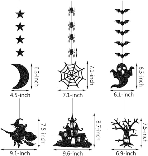 Miniatura 2 de Guirnalda colgante de Halloween con purpurina negra, paquete de 18 unidades, tela de araña, bruja, murciélago, casa encantada, árbol espeluznante,