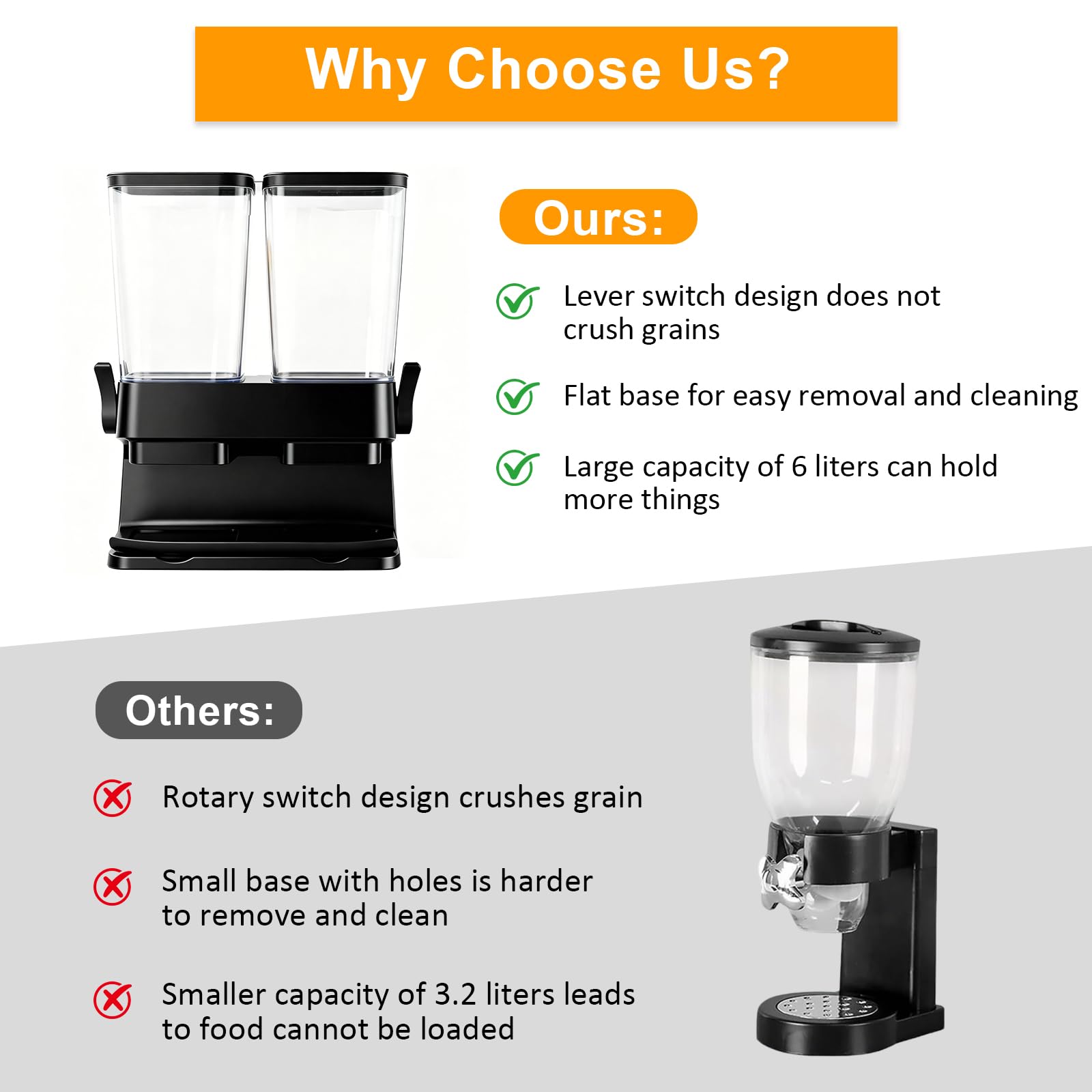 Dispenser per cereali, confezione da 2 pezzi, 3 l, ermetico, doppio dispenser per fiocchi di cereali, contenitore organizer per fiocchi di colazione, dispenser per riso, noci, chicchi di caffè, cibo