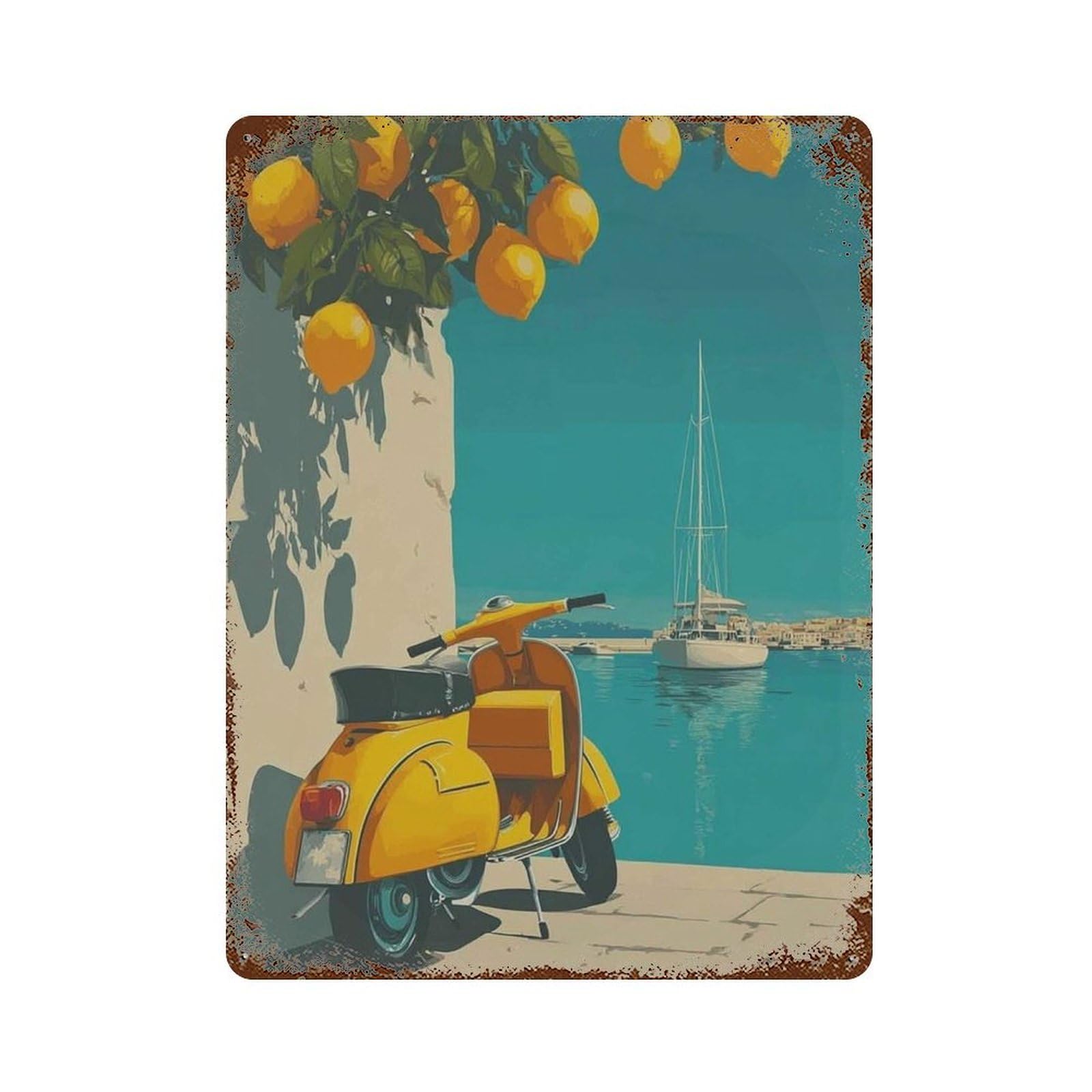 xiaoxiaoshen Retro Italian Vespa Scooter Amalfi Coast Travel Bright Yellow Coastal Wall Decor Art Metal Tin Poster Modern Home Decor Art Home Bar Shop Decorations Vintage Sign 40x30cm