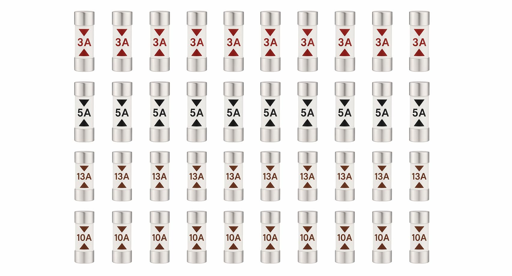 40 x Mixed Household Ceramic Plug Fuses – 3A, 5A, 10A & 13A – Replacement Electrical Fuses for Domestic Mains Plugs, Appliances & Everyday Use (40 Pcs | 3A/5A/10A/13A)