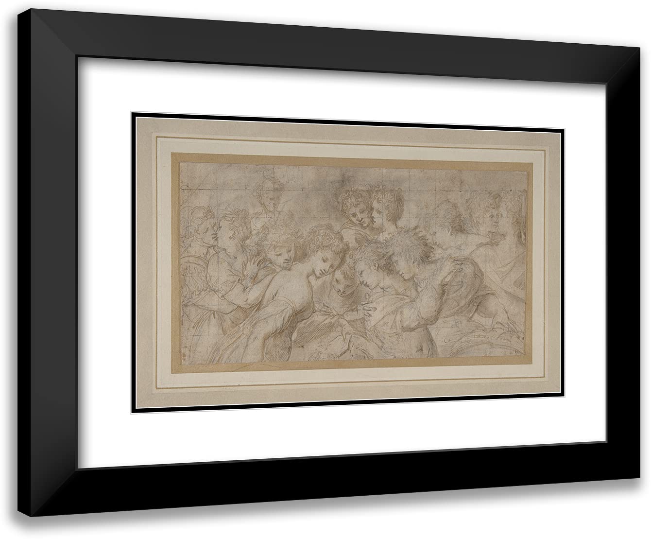 ArtDirect Girolamo Mirola 24x16 Black Modern Frame and Double Matted Museum Art Print Titled - Embracing Female Figures, Some Holding Musical Scores. (1570-73)
