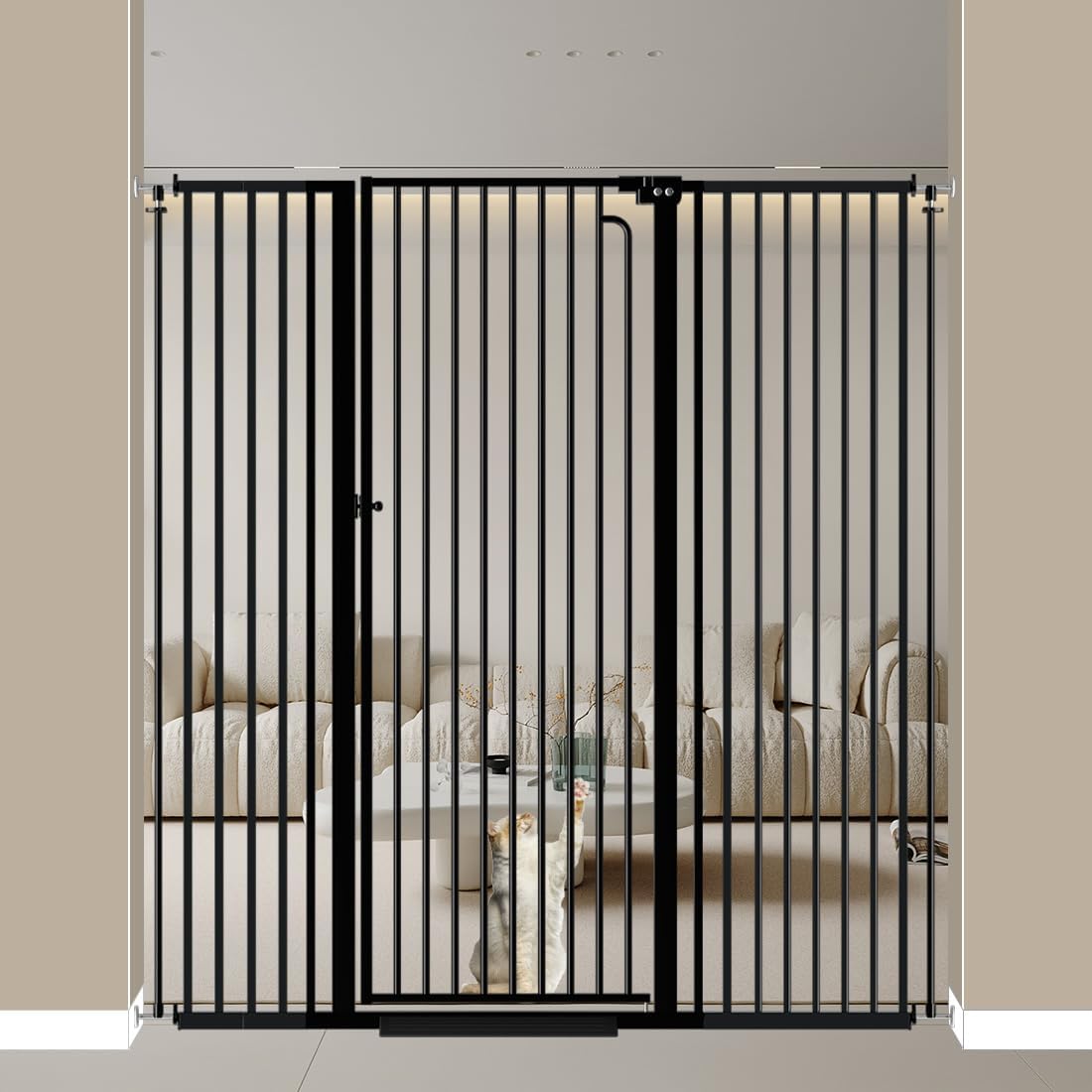 Mornyray 57"" Extra Tall Cat Gate 52.76'' - 57.48'' Extra Wide Dog Gate Indoor, Walk Through Swing Auto Close Safety Baby Gates with Door, Pet Gate Toddler Kids Child for Stairs, Doorways, Black