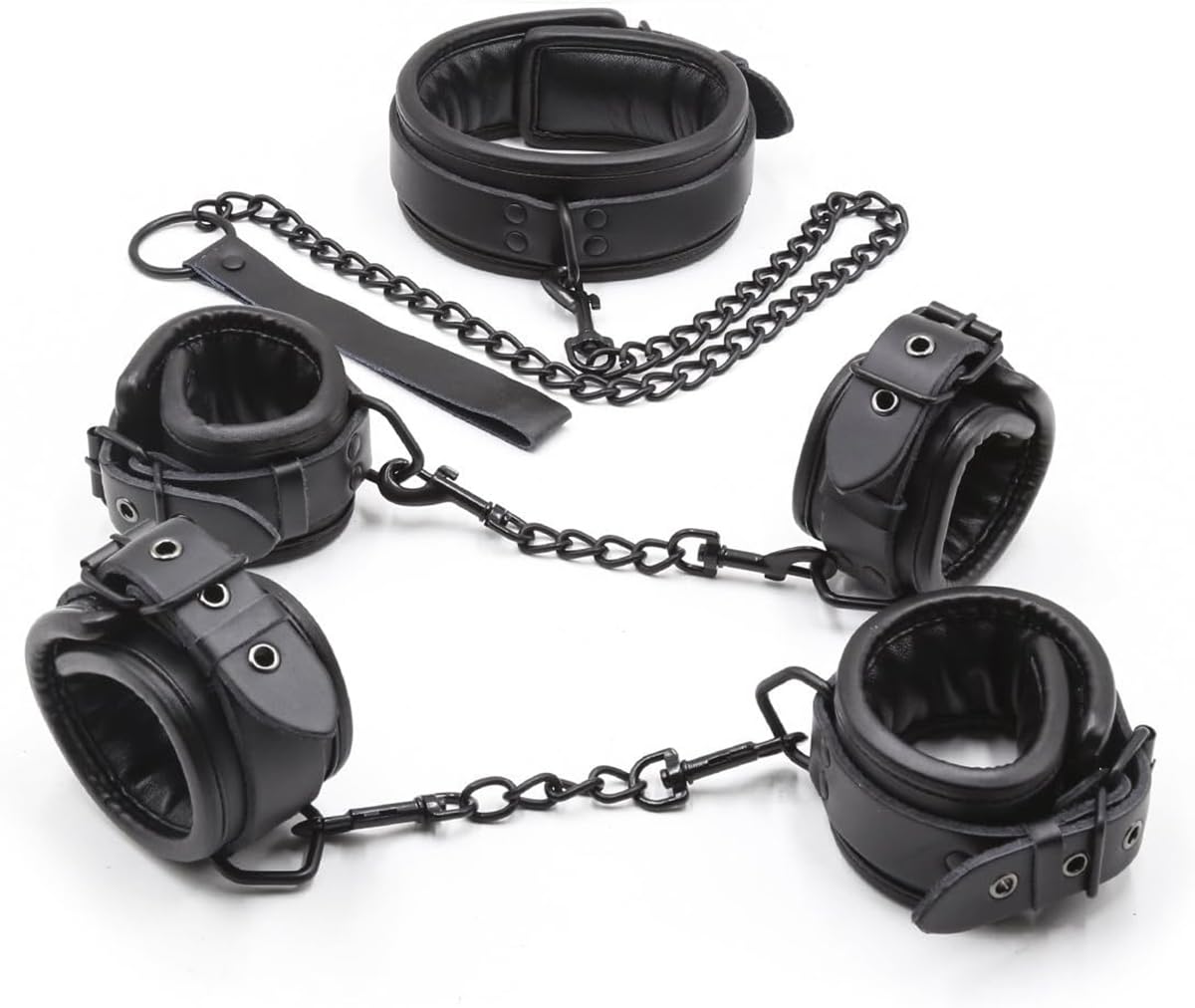 Ensemble BDSM avec Collier, Menottes de Poignets et de Chevilles, Kit de Contention Rembourré Aspect Cuir, Accessoires de Jeu de Rôle Réglables pour Adultes (A)