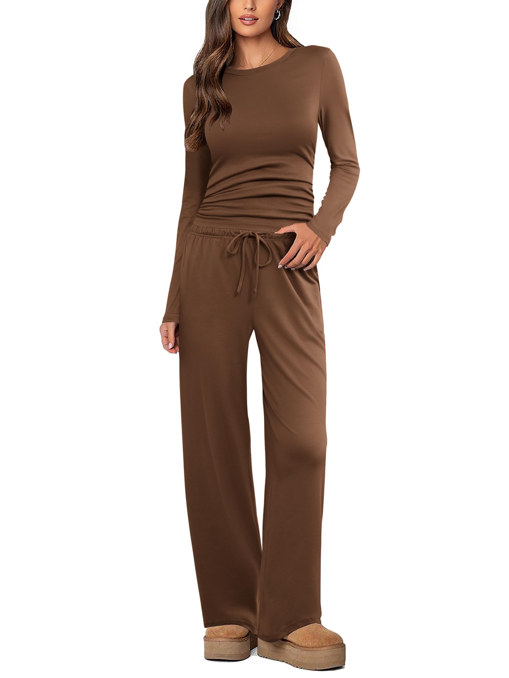 Ekouaer Schlafanzug Damen Lang Pyjama Set Zweiteiliger Hausanzug Winter Loungewear mit Tasche Tailliert S-XXL