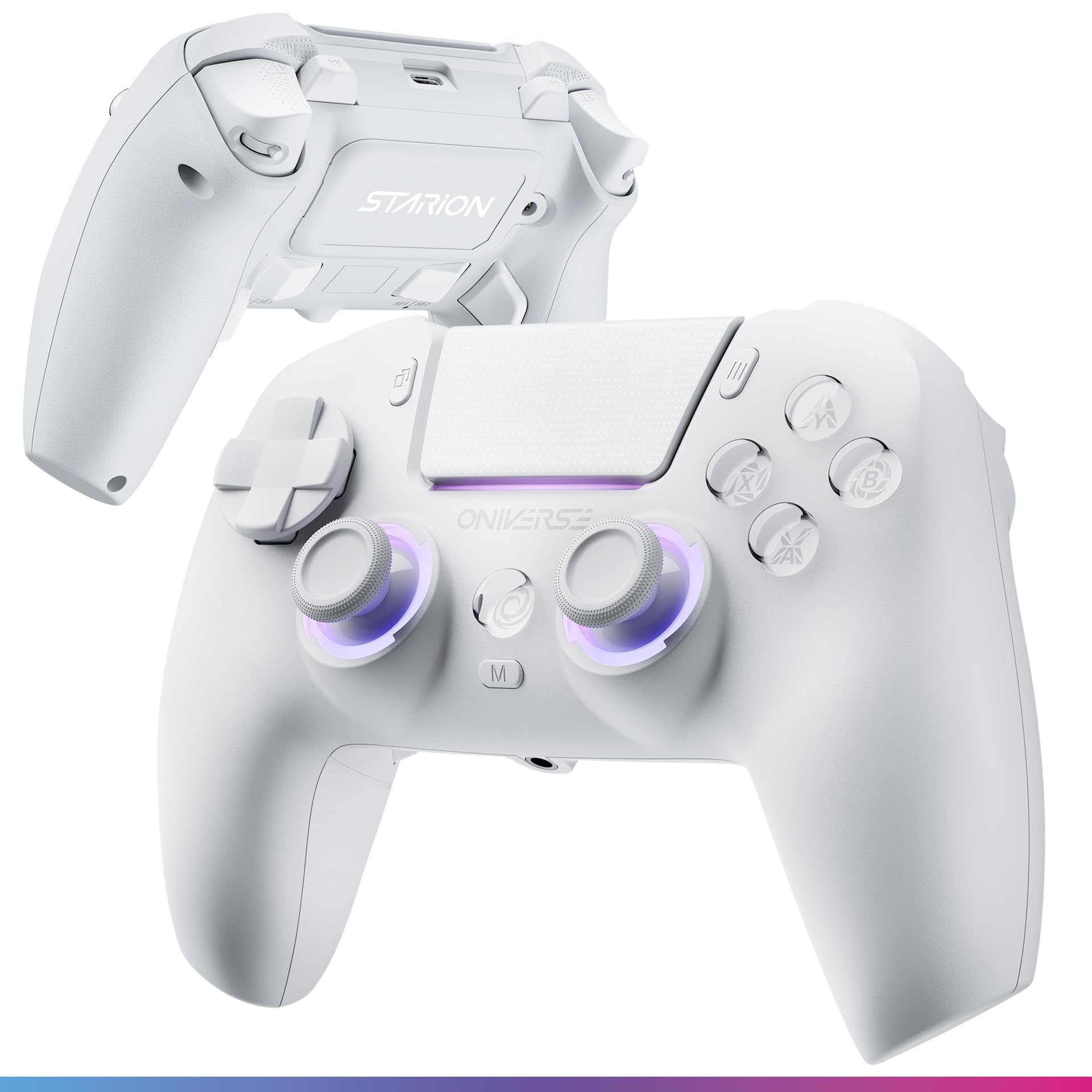 Oniverse Mando inalámbrico para PS5/PC/Steam Deck - Starion - Joysticks y gatillos con tecnología Hall Effect, Paletas macro programables, Gatillos L4/R4, Panel táctil, Bluetooth/USB-C - Blanco