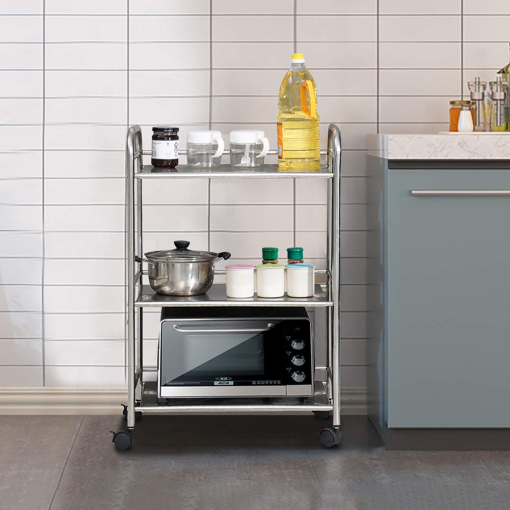 CLIPOP Carro de almacenamiento de cocina de 3 niveles, de acero inoxidable, carrito de servicio rodante con rueda de bloqueo para cocina, hoteles, restaurantes y hogares de cuidado (35 x 50 x 75 cm)