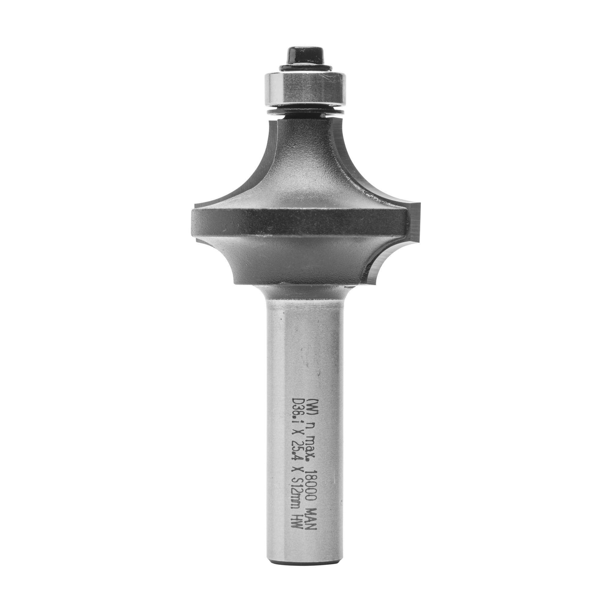 ENT 14580 Fresa de doble radio, en carburo, vástago (S) de 12 mm, diámetro (D) de 38,1 mm, longitud útil (NL) de 25,4 mm, radio 1 (R1) de 6,35 mm, radio 2 (R2) de 12,7 mm, longitud total (SL) de 40 mm, con rodamiento de bolas