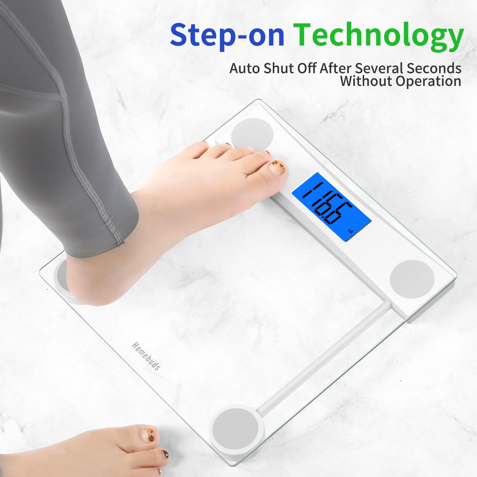 Homebuds Bilancia Pesapersone, Alta Precisione Assicurato dalla fabbrica professionale di Bilancia Pesapersone Digitale dal 2001, LCD retroilluminato blu e Step-On, 2*AAA, 182kg, Vetro Trasparente