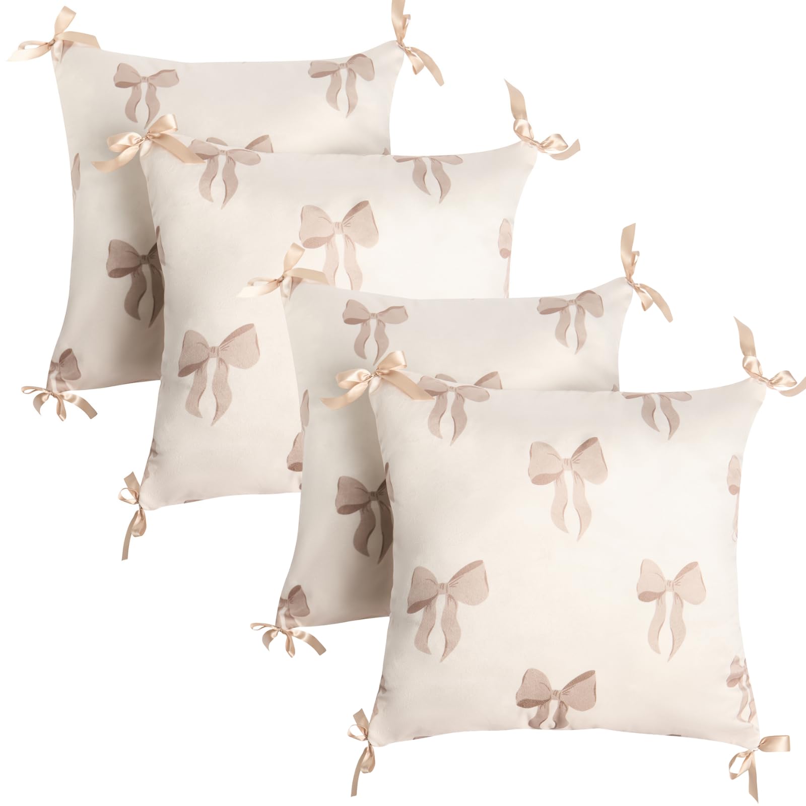 OHS Cushion Covers 45 x 45, Matte Velvet Bow Print Decorative Square Throw Pillow Cover with Invisible Home Decor Bow Cushion Covers Set of 4 for Sofa Living Room Bedroom, Cream/Natural