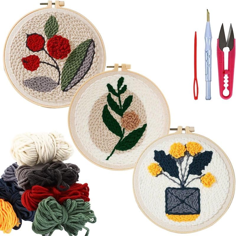 3 Pack Easy Flowers Punch Needle Embroidery Starter Kits for Kids and Adults Beginners with Punch Needle Tool,Threader, Stamped Fabric Embroidery,Hoop,Pen, Punch Needle Kits