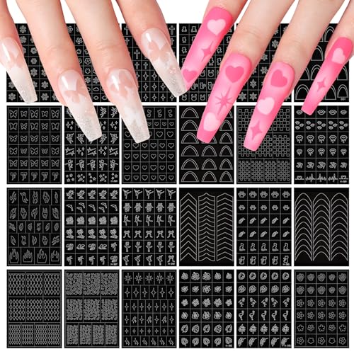 SAVILAND Essentials Airbrush Schablonen für Nägel: 24Blätter Quick Fun Designs Nagelschablonen für Nail Art,170 Musterelemente Nageldesign Aufkleber Anfängerfreundliche Schablonen Airbrush Nagelspitze
