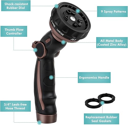 Miniatura 6 de RESTMO Boquilla de manguera de jardín de metal resistente con 9 patrones de pulverización | Alta presión, montaje roscado NH de 3/4 pulgadas,