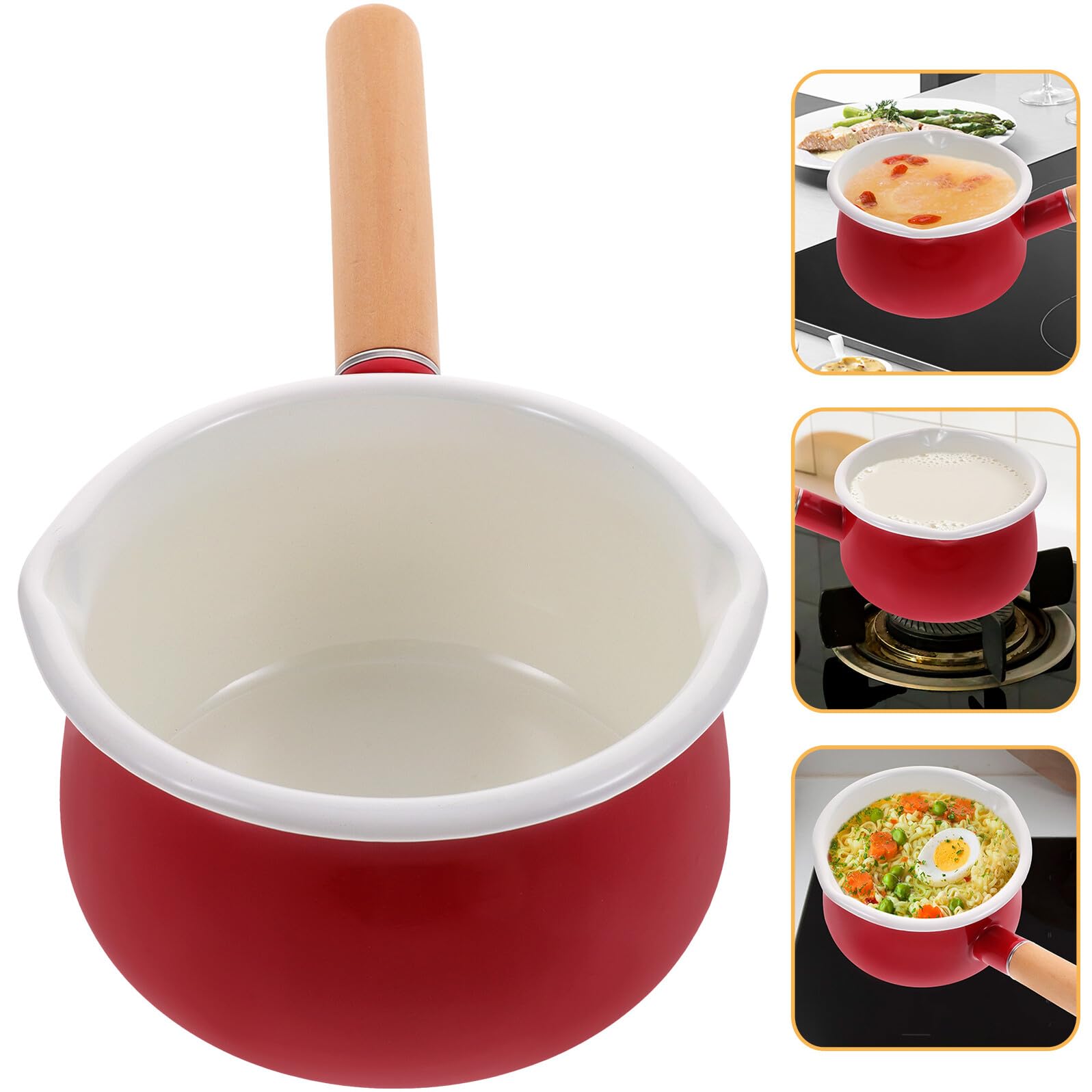 SHINEOFI Pentola Smaltata Piccola Manico in Legno, Resistente alla Ruggine e Antiscivolo, per Salse e Cibo per Ragazzo Ragazza, Pentolino per Latte e Cucina