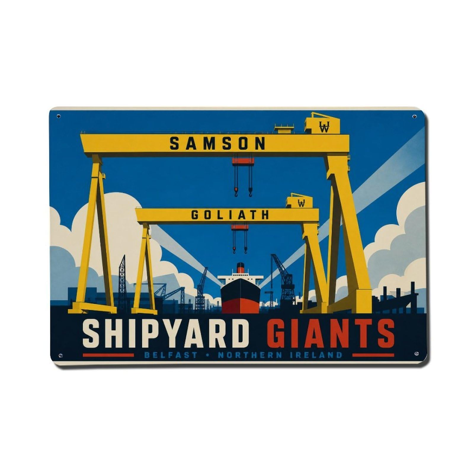 Vintage Travel Samson Goliath Belfast Shipyard Yellow Cranes Metal Tin Sign