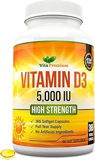 Vitamin D3 5000 IU, 365 Easy-Swallow Softgels, High Strength Vitamin D 5000 IU Supplement - Full Year Supply